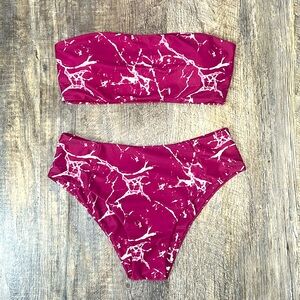 SHEIN Maroon Marble Bandeau High Waisted Bikini Swimsuit Set - Size Small
